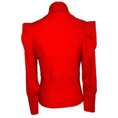 Free People Candy Red Ribbed Mock Neck Puff Sleeve Top Large NWT Stretch Fitted - Thumbnail 4