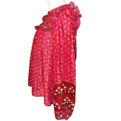 Joie Red Floral Ruffle Blouse M Boho Peasant Top Button Front Long Sleeve Cotton - Thumbnail 3