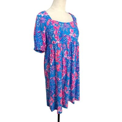 NWT Lilly Pulitzer Delaney Dress 8 Cumulus Blue Orchid Oasis Smocked Cotton - Thumbnail 3