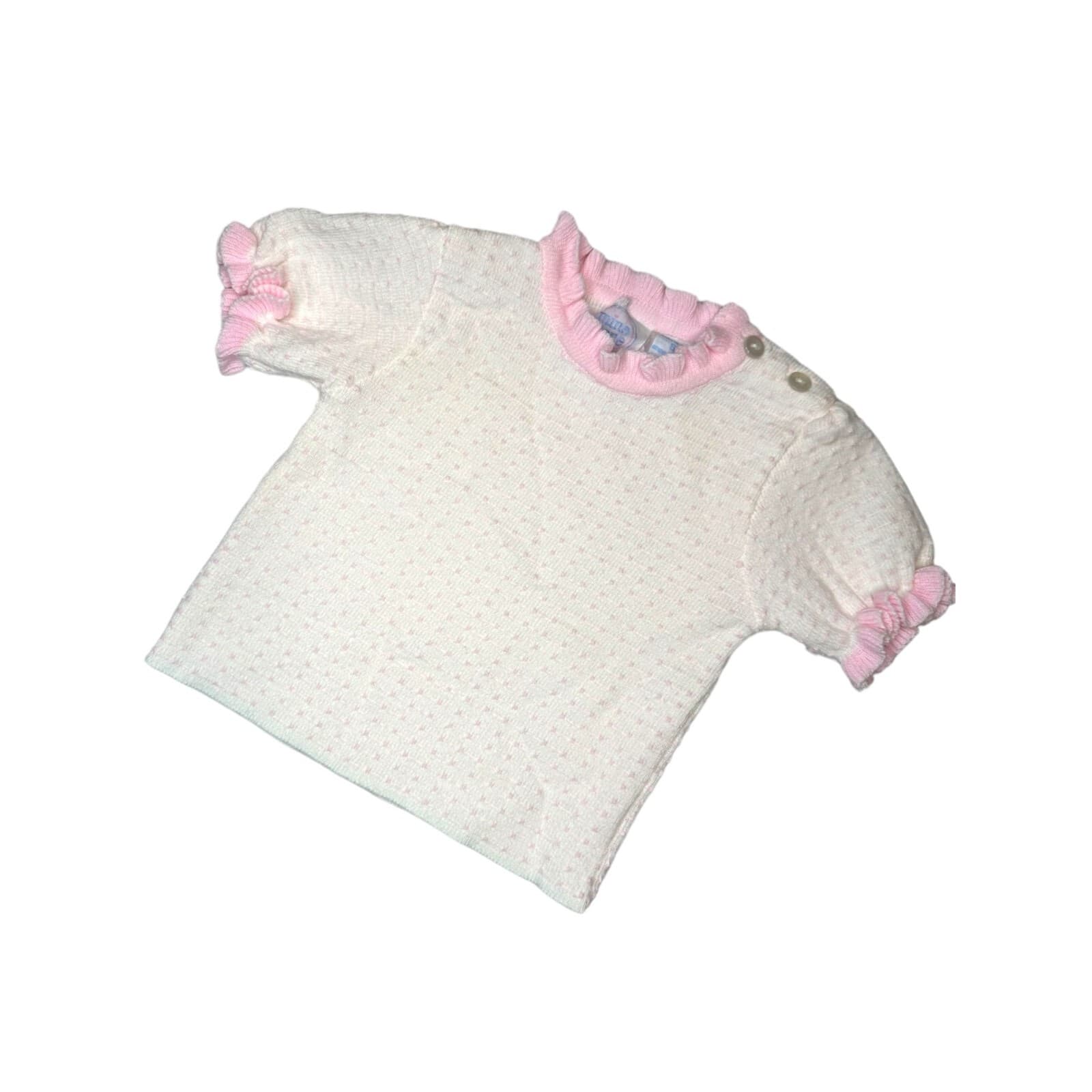 Vintage Mine Alone Baby Sweater 100% Acrylic Ivory Pink Ruffle Accents Buttoned - Image 1