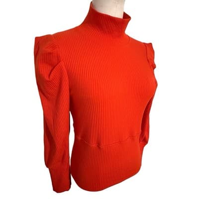 Free People Candy Red Ribbed Mock Neck Puff Sleeve Top Large NWT Stretch Fitted - Thumbnail 2