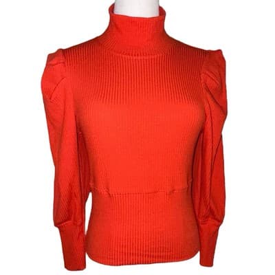 Free People Candy Red Ribbed Mock Neck Puff Sleeve Top Large NWT Stretch Fitted - Thumbnail 3