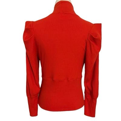 Free People Candy Red Ribbed Mock Neck Puff Sleeve Top Large NWT Stretch Fitted - Thumbnail 5