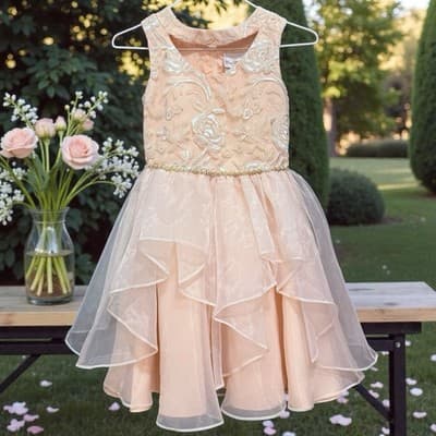 Rare Editions Girls Blush Flower Girl Dress Size 10 Embroidered Tulle Fit Flare - Thumbnail 2