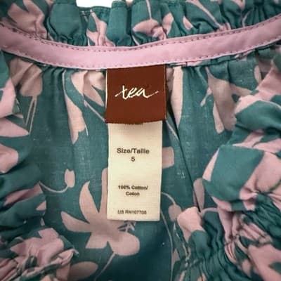 Tea Collection Girls Floral Dress Size 5 Teal Pink Ruffle Hem Cotton - Thumbnail 2