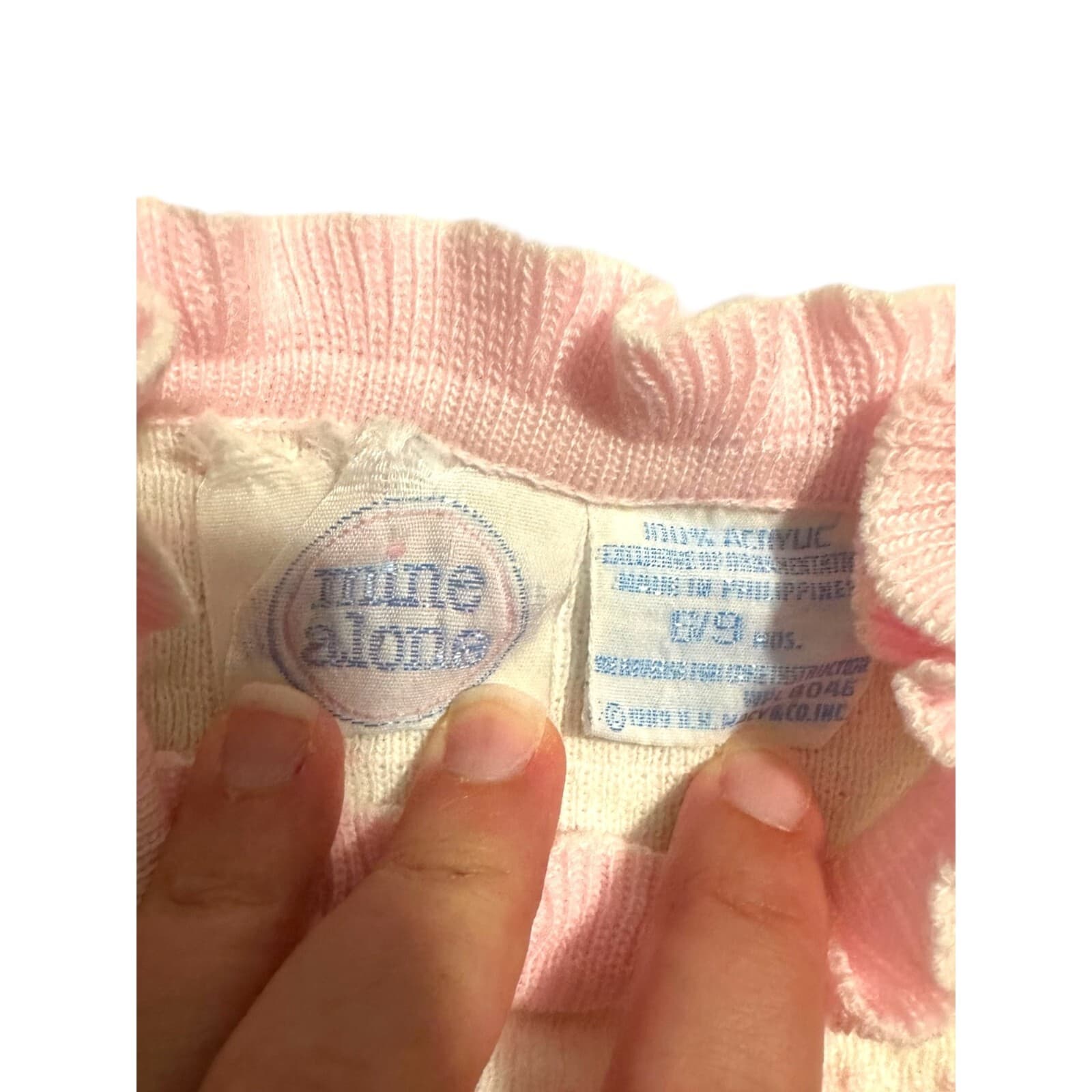 Vintage Mine Alone Baby Sweater 100% Acrylic Ivory Pink Ruffle Accents Buttoned - Thumbnail 3