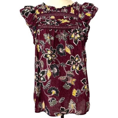 LOFT Women’s Blouse Large Eggplant Purple Floral Ruffle Sleeves Boho Cotton Top - Image 1