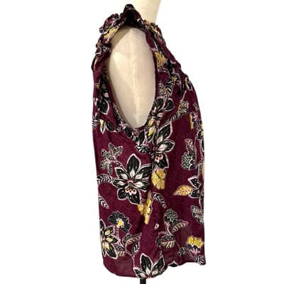 LOFT Women’s Blouse Large Eggplant Purple Floral Ruffle Sleeves Boho Cotton Top - Thumbnail 2