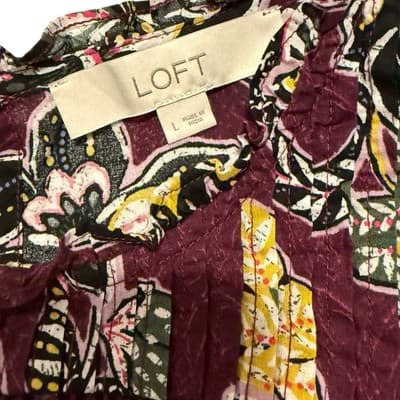 LOFT Women’s Blouse Large Eggplant Purple Floral Ruffle Sleeves Boho Cotton Top - Thumbnail 4