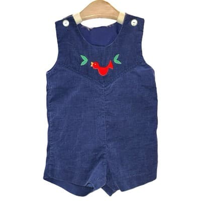 Vintage Baby Boy Corduroy Romper 12M Red Bird Embroidery Blue Overalls