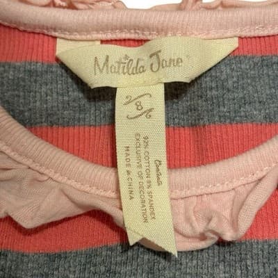Matilda Jane Travel Log Gray Pink Striped Ruffle Tank Top Girl's 8 - Thumbnail 3
