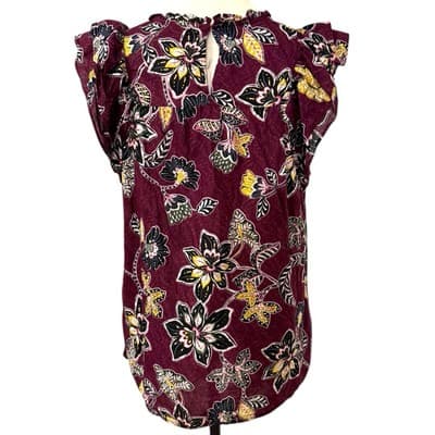 LOFT Women’s Blouse Large Eggplant Purple Floral Ruffle Sleeves Boho Cotton Top - Thumbnail 3