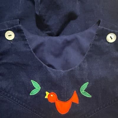 Vintage Baby Boy Corduroy Romper 12M Red Bird Embroidery Blue Overalls - Thumbnail 2