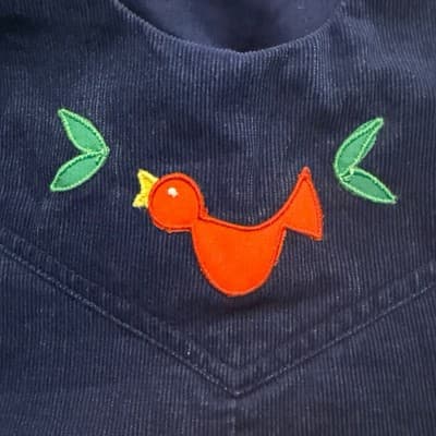 Vintage Baby Boy Corduroy Romper 12M Red Bird Embroidery Blue Overalls - Thumbnail 3