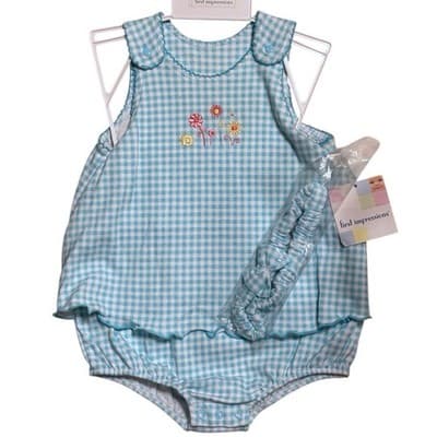 Vintage First Impressions Baby Romper 6–9M Aqua Gingham Embroidered + Headband