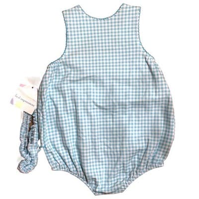 Vintage First Impressions Baby Romper 6–9M Aqua Gingham Embroidered + Headband - Thumbnail 3