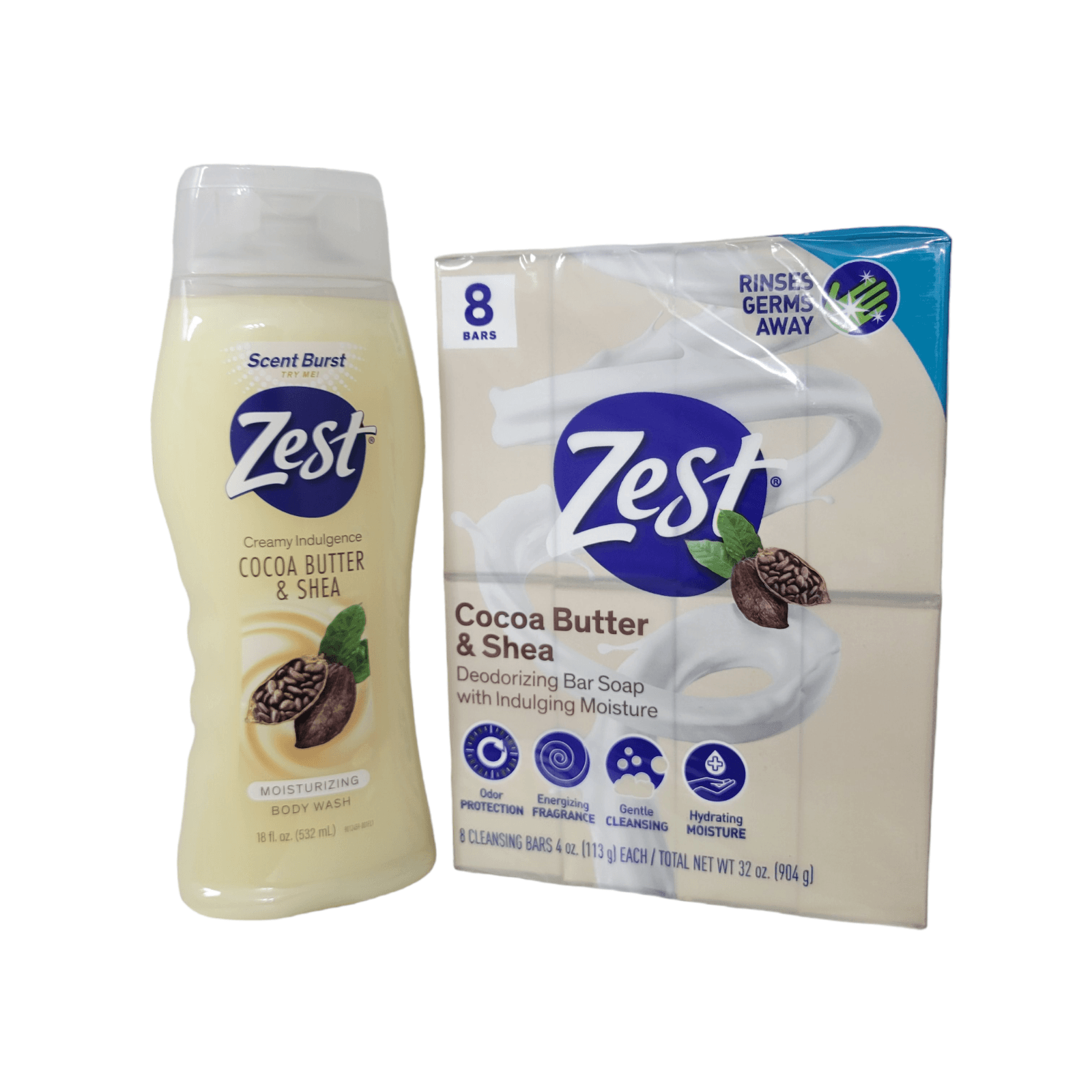 Zest Bar Soap Shower Set 8 Bars +Cocoa Butter & Shea Butter Body Wash+ Hydration - Image 1