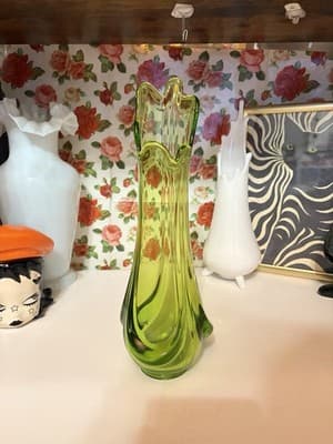 Vintage MCM Viking Drape Swung Glass Vase Avocado Green - Image 1
