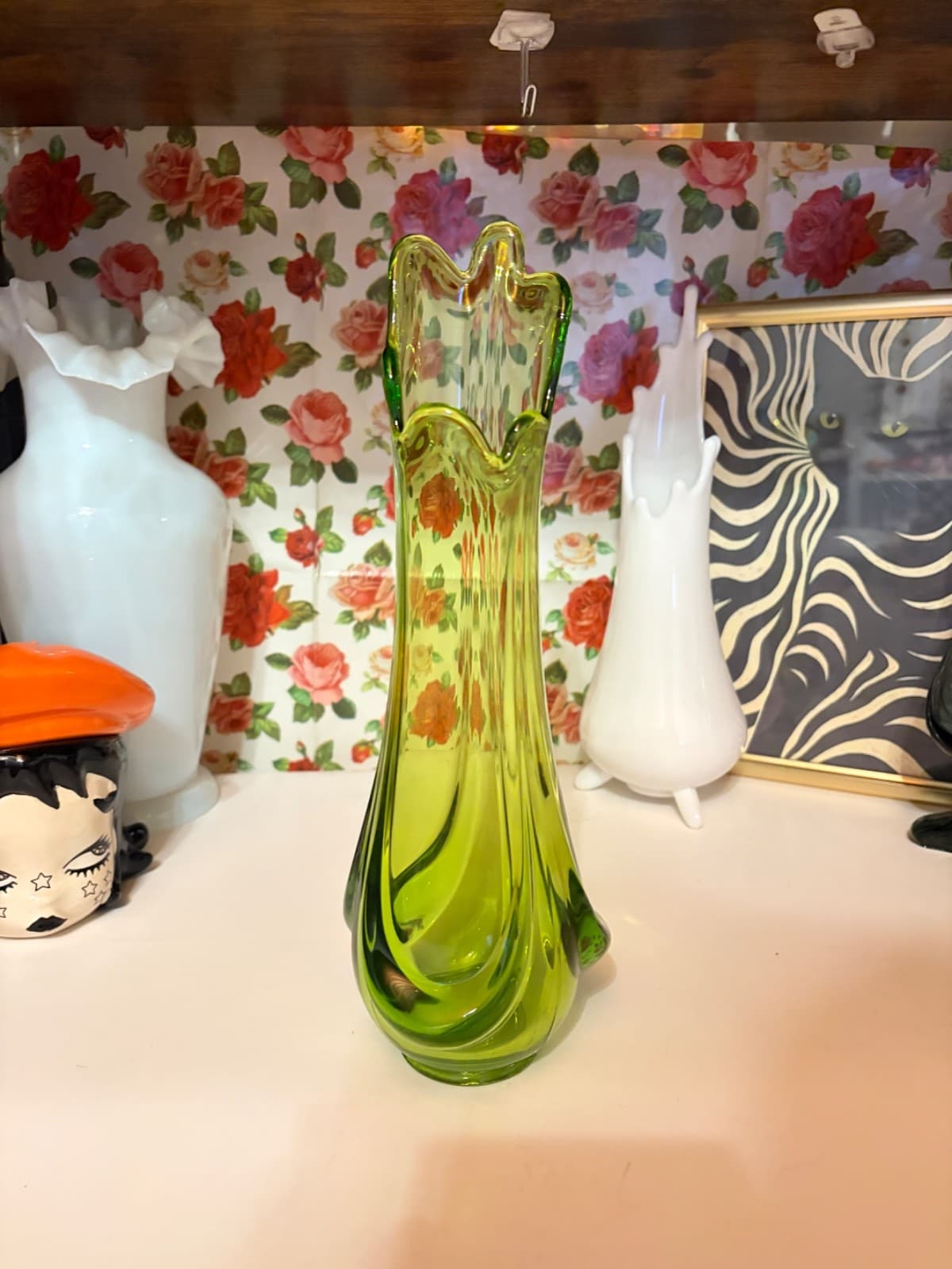 Vintage MCM Avocado Green Epic Drape Swung Vase Art Glass 9.5” - Image 1