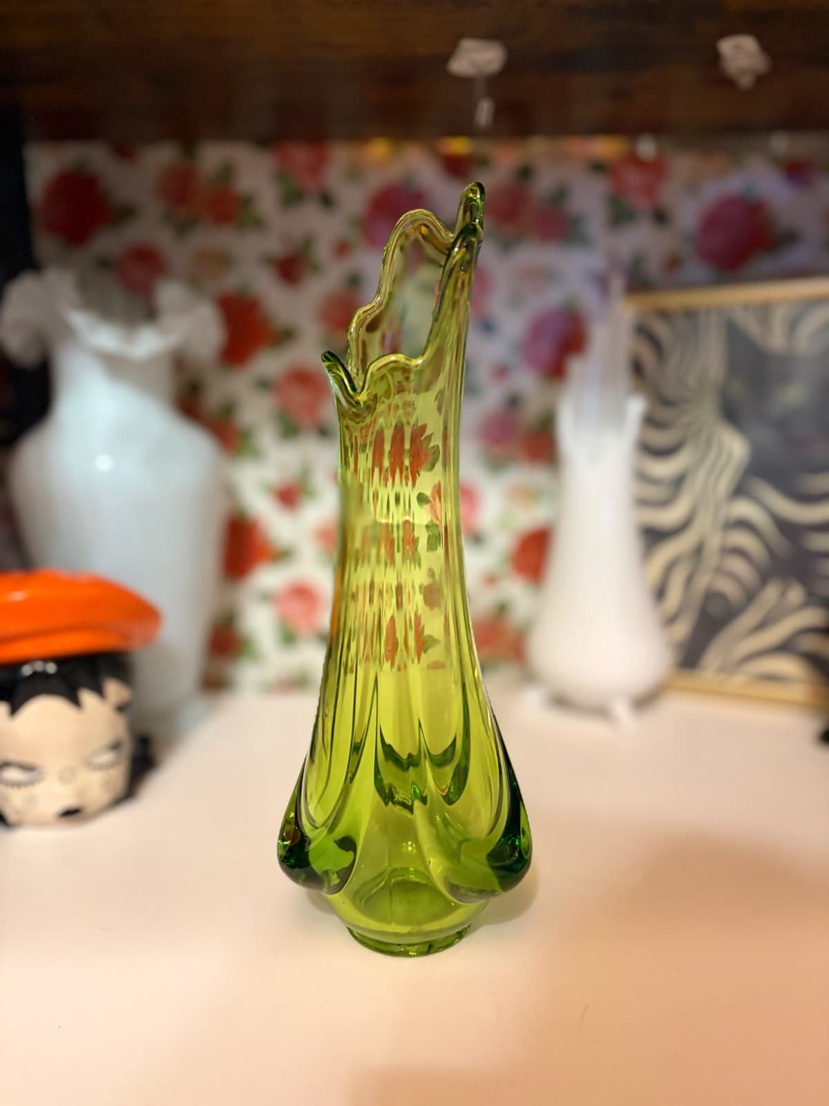 Vintage MCM Avocado Green Epic Drape Swung Vase Art Glass 9.5” - Thumbnail 2