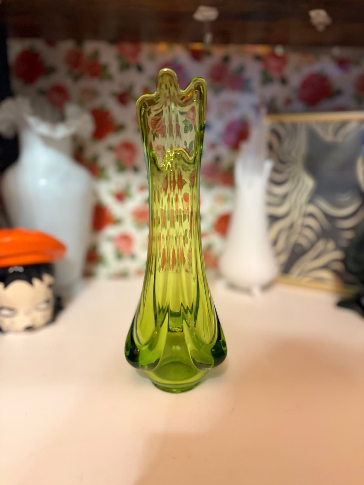 Vintage MCM Avocado Green Epic Drape Swung Vase Art Glass 9.5” - Thumbnail 4