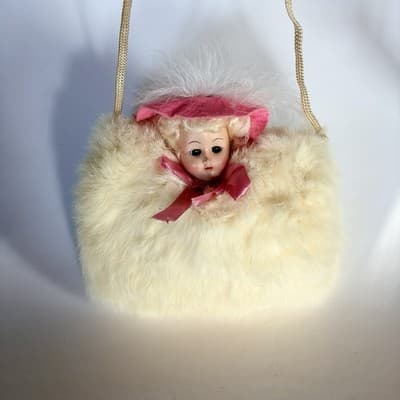 Vintage Fur w/ Doll Face Muff Warmer w/ Chain Strap – Mid Century Kitsch - Image 1
