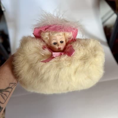 Vintage Fur w/ Doll Face Muff Warmer w/ Chain Strap – Mid Century Kitsch - Thumbnail 5
