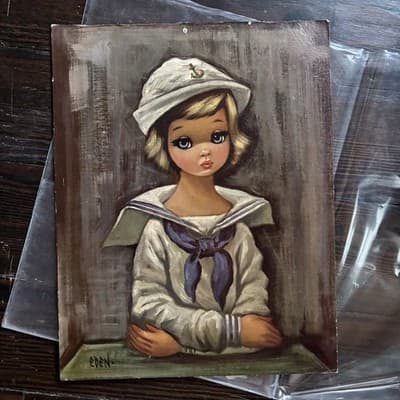 Vintage 1960's Eden “Sailor Girl” Lithograph Print Big Eye Art - Thumbnail 2