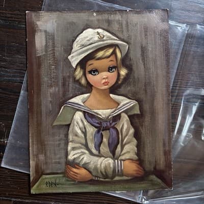 Vintage 1960's Eden “Sailor Girl” Lithograph Print Big Eye Art - Image 1