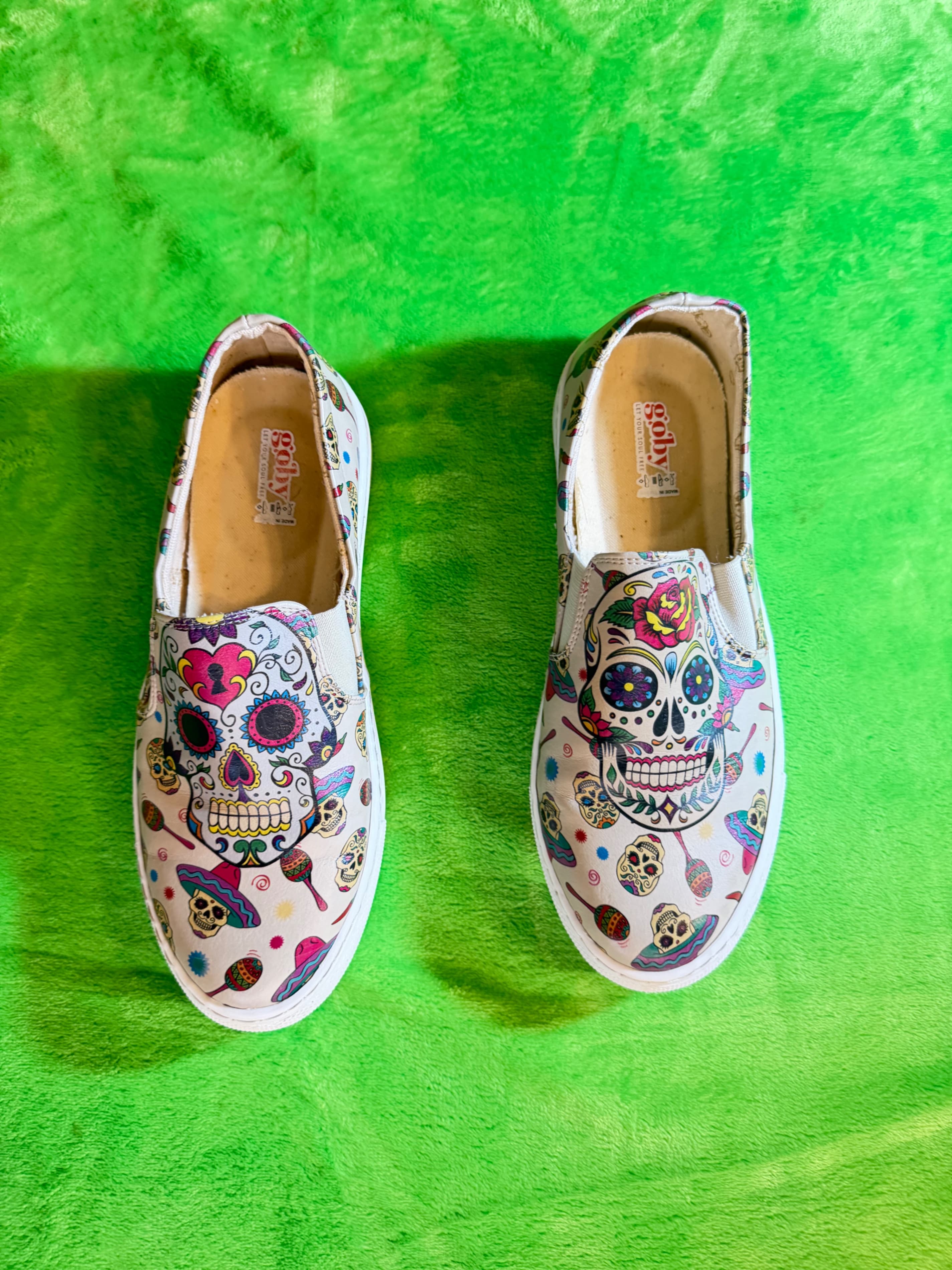 Goby Sugar Skull Slip-On Shoes, Colorful Day of the Dead Men’s 6, woman’s 8 - Image 1