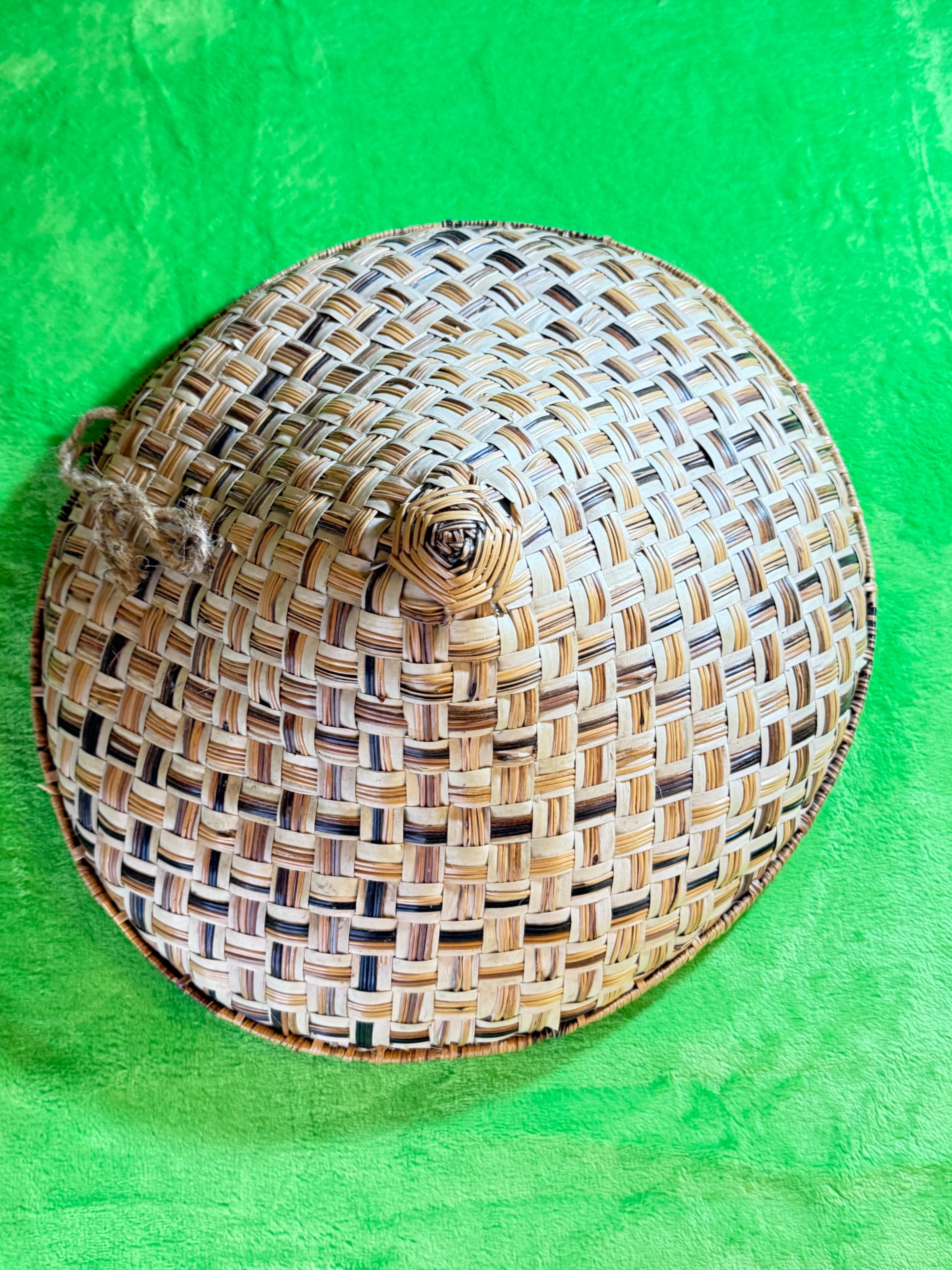 Vintage Woven Straw Bamboo Sun Hat Decorative Rosette Top Boho Wall Decor Farmer - Image 1
