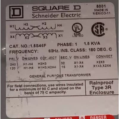 SQUARE D 1.5 KVA TRANSFORMER 1.5S46F. BUCK / BOOST RAINPROOF TYPE 3R - Thumbnail 3
