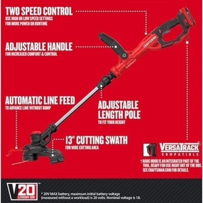 CRAFTSMAN V20 Weed Wacker Cordless, Includes 2.0 Ah Battery and Charger - Thumbnail 2
