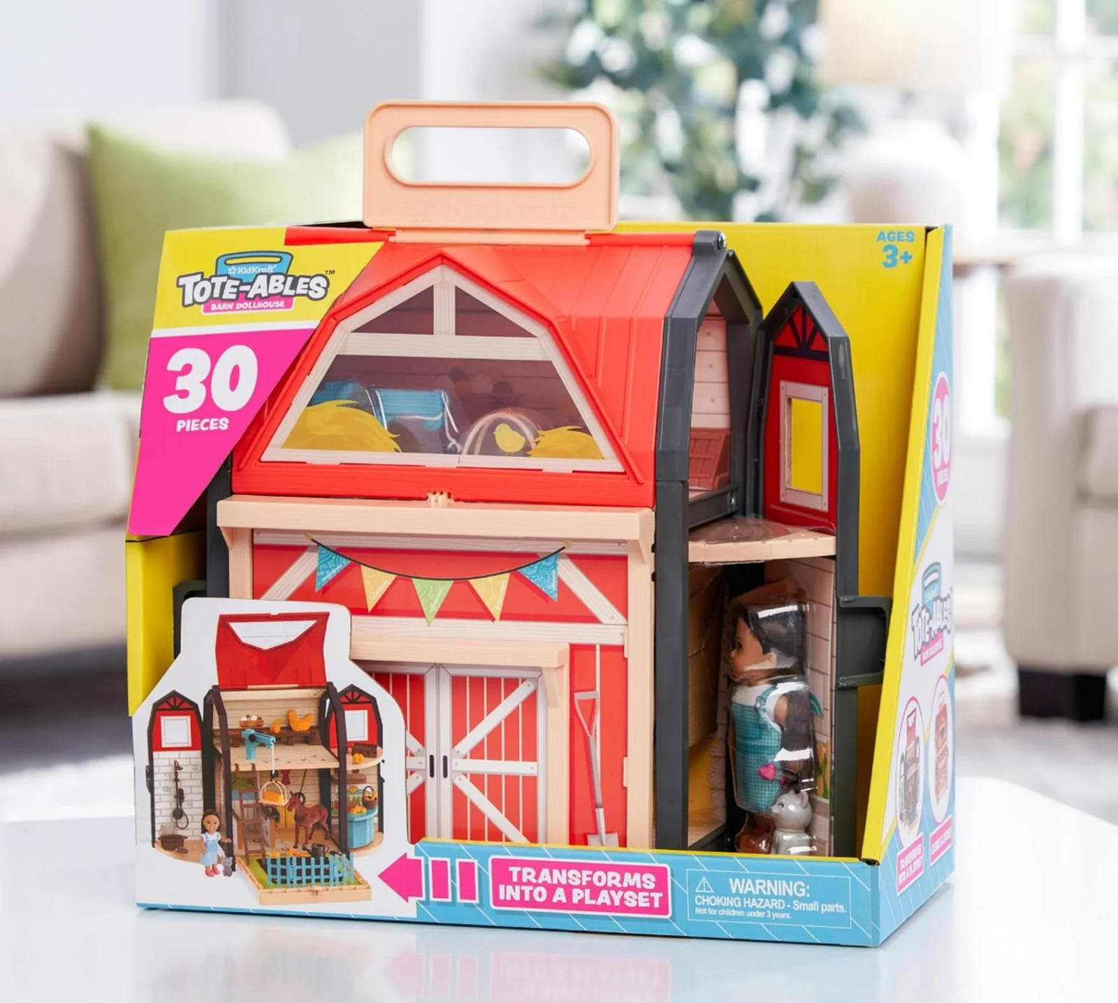 KidKraft Tote-ables Portable Barn Dollhouse with Doll Included, 30 Accessories - Image 1