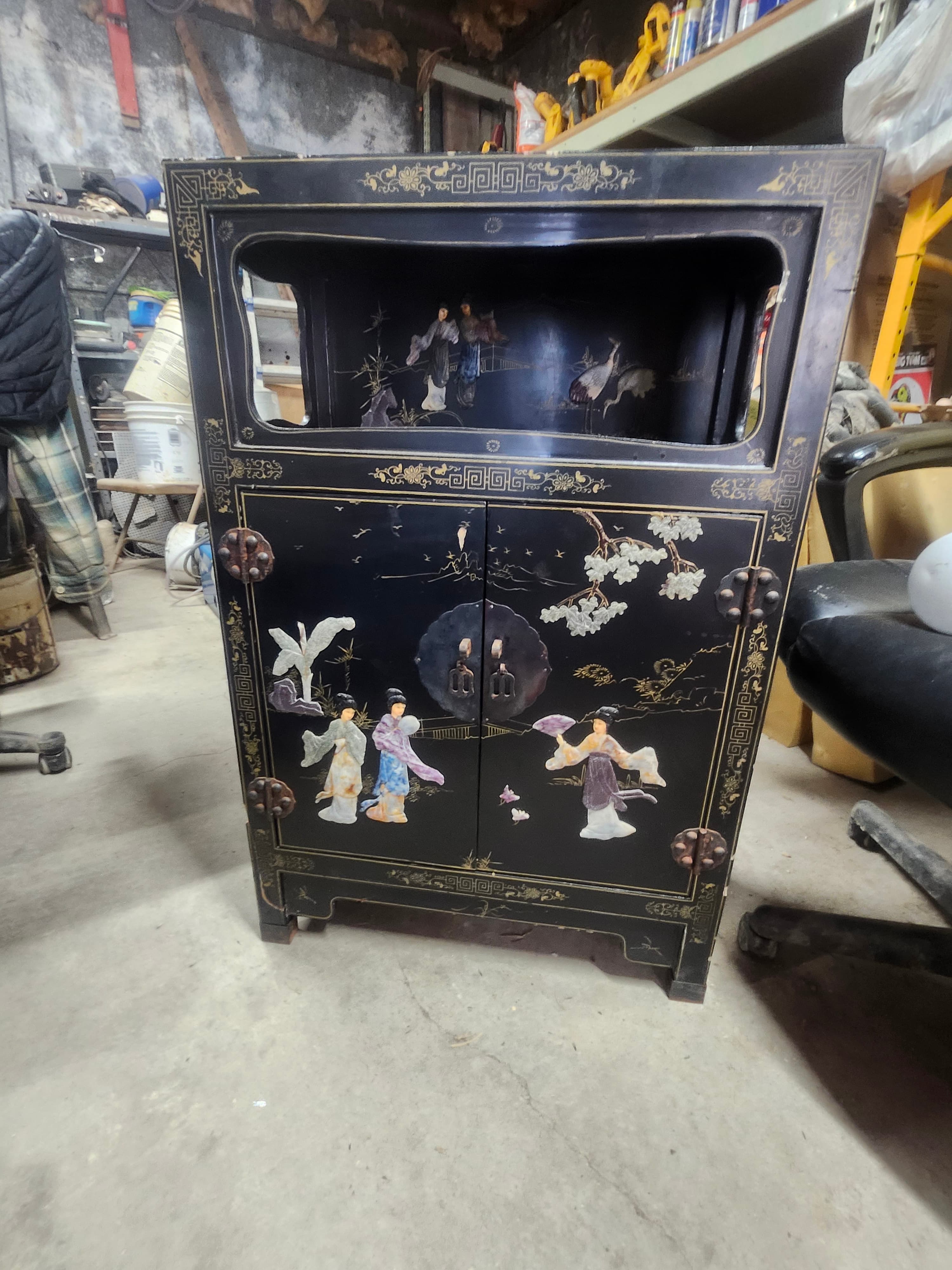 Vintage Chinese Black Lacquered Cabinet with Inlaid Figures