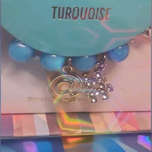 Protection, Healing And Calming. Turquoise Stretch Bracelet W/ @ & # Charm NIB - Thumbnail 3