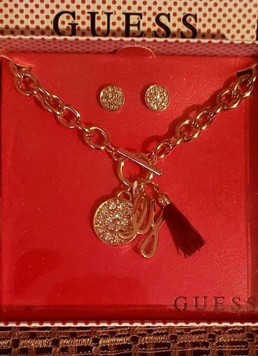 GUESS ROSE GOLD TONE CRYSTAL,RHINESTONE HEART+TASSEL CHARM TOGGLE NECKLACE+EARRI - Image 1