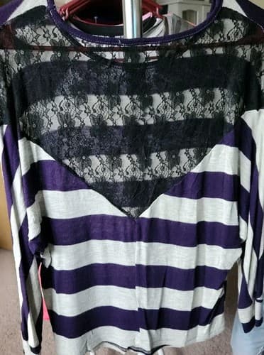Women's Size Small Purple and Gray Striped Long Sleeve Lightweight Sweater. - Thumbnail 2