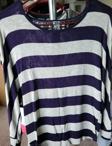 Women's Size Small Purple and Gray Striped Long Sleeve Lightweight Sweater. - Image 1