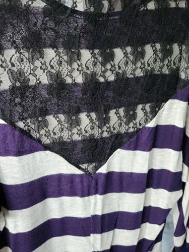 Women's Size Small Purple and Gray Striped Long Sleeve Lightweight Sweater. - Thumbnail 3
