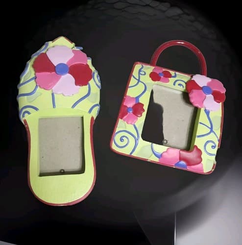 Flip Flop+Purse Picture Frames Set of 2:Green/Pink Red Beach Flower Mini Decor. - Image 1