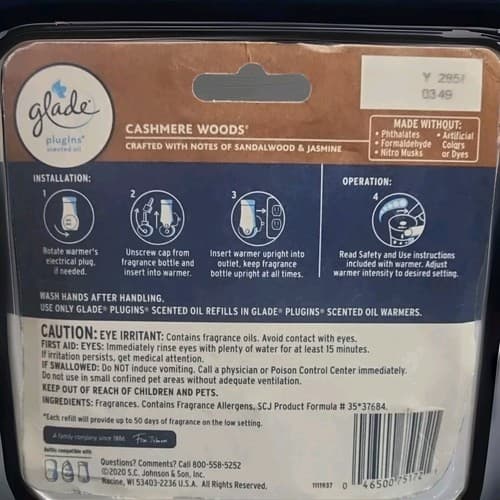 Glade Plugins Refills, Cashmere Woods, 2.01oz 3ct Scented Essential Oils - Thumbnail 2