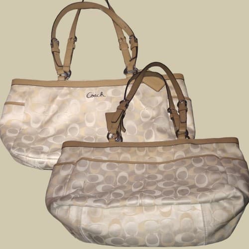 Coach Handbag Purse F17676 Signature Cream Tan Material Leather Silver hdwr - Thumbnail 2