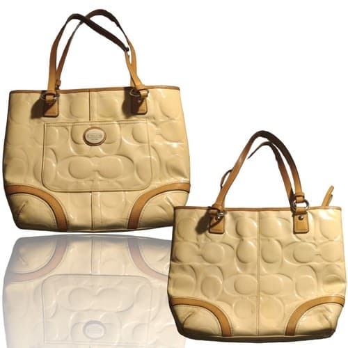 Coach Yellow Patent Leather Woman's Handbag with Tan Leather Trim - Thumbnail 2