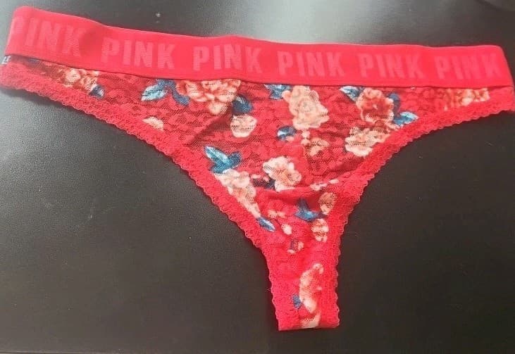NWT VICTORIA'S SECRET PINK RED Floral LACE DOUBLE STRAPPY SIDE THONG PANTIES. - Image 1