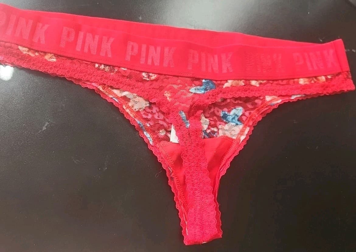 NWT VICTORIA'S SECRET PINK RED Floral LACE DOUBLE STRAPPY SIDE THONG PANTIES. - Thumbnail 2