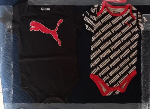 Puma Baby 5 Pk Red Black Short Sleeve Cotton Stripe Logo Bodysuit Set Sz 12 MO - Image 1