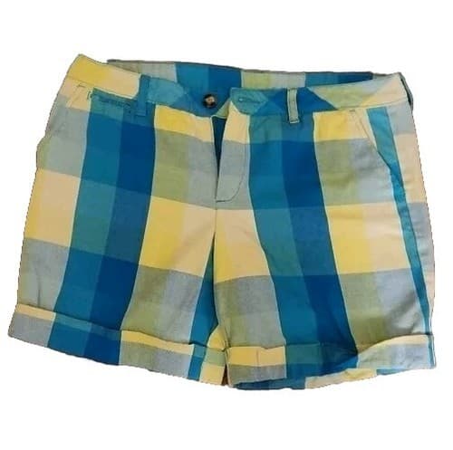 Faded Glory Ultra Aqua Plaid Shorts Size 10 Women Check Pockets Cuffed Hem. - Image 1