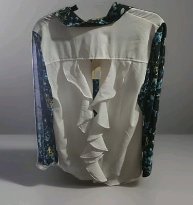 Women's Tweed-Trim Button-Front Shirt Blue/Green Flowers Size Medium. - Thumbnail 4