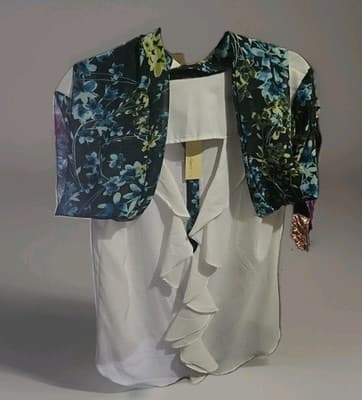 Women's Tweed-Trim Button-Front Shirt Blue/Green Flowers Size Medium. - Thumbnail 6